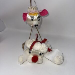 2 Vintage Satin Thread Felt Pom Pom Poodle Dog & Pig Head Christmas Ornaments
